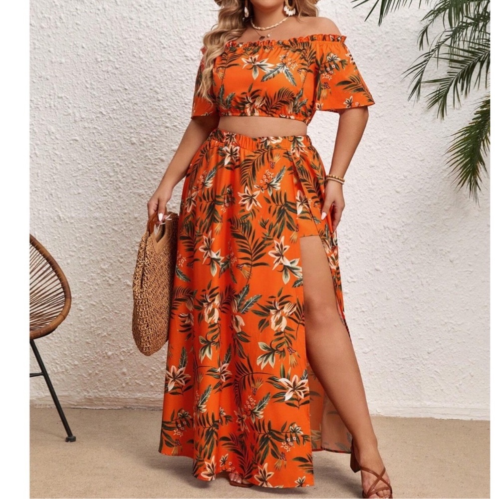 Plus Floral Tropical Print Off Shoulder Crop Top Maxi Skirt Set 1X 2X 3X 4X